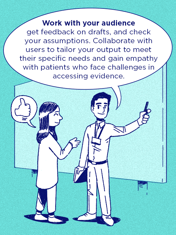An infographic showing two people speaking. Above one person is a speech bubble reading ' Work with your audience get feedback on drafts, and check your assumptions. Collaborate with users to tailor your output to meet their specific needs and gain empathy with patients who face challenges in accessing evidence. 