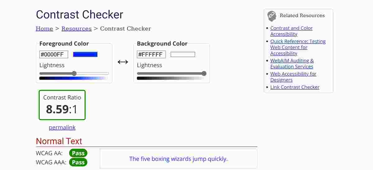 A screenshot of WebAIM's colour contrast checker, demonstrating how it establishes and checks for accessible contrasts.