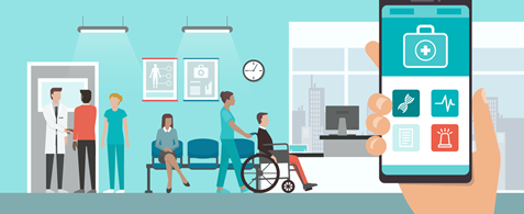 An illustration of a doctor's waiting room. There's a hand holding a phone with various apps showing on it. One person in the background is in a wheelchair and is being pushed by a nurse.