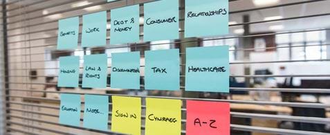 Post-it notes stuck on a glass wall, with an office in the background