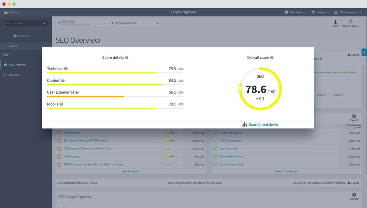A screenshot of SiteImprove's interface showing an SEO Overview