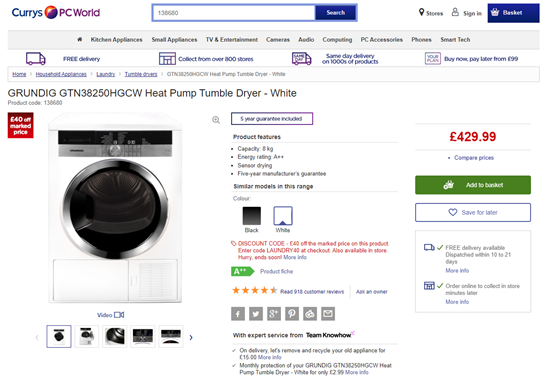 A screenshot of the Currys Pc World website