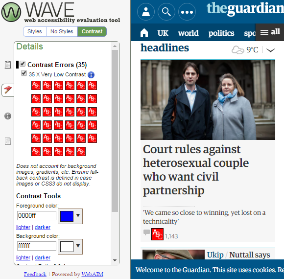 A mobile screenshot of the Guardian website with the WAVE accessibility tool assessing contrast errors on the right hand side.