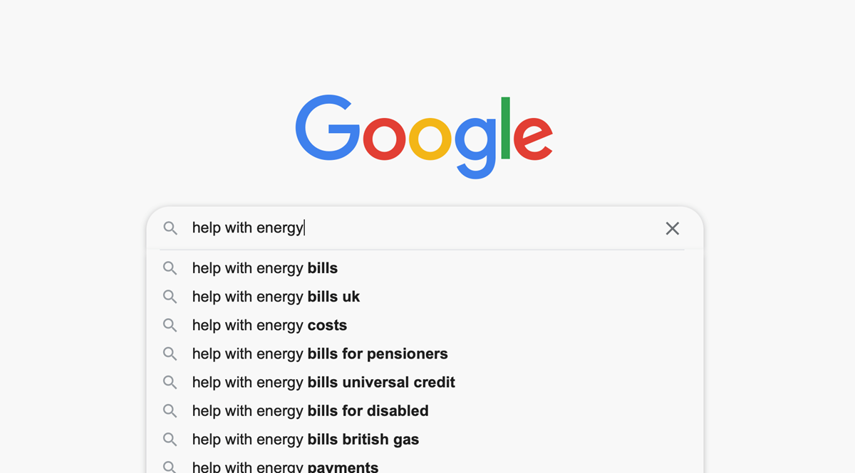 A Google search for "help with energy" typed into the search bar