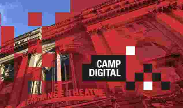 Background is the Royal Exchange Theatre in Manchester, with text reading Camp Digital overlaid. 