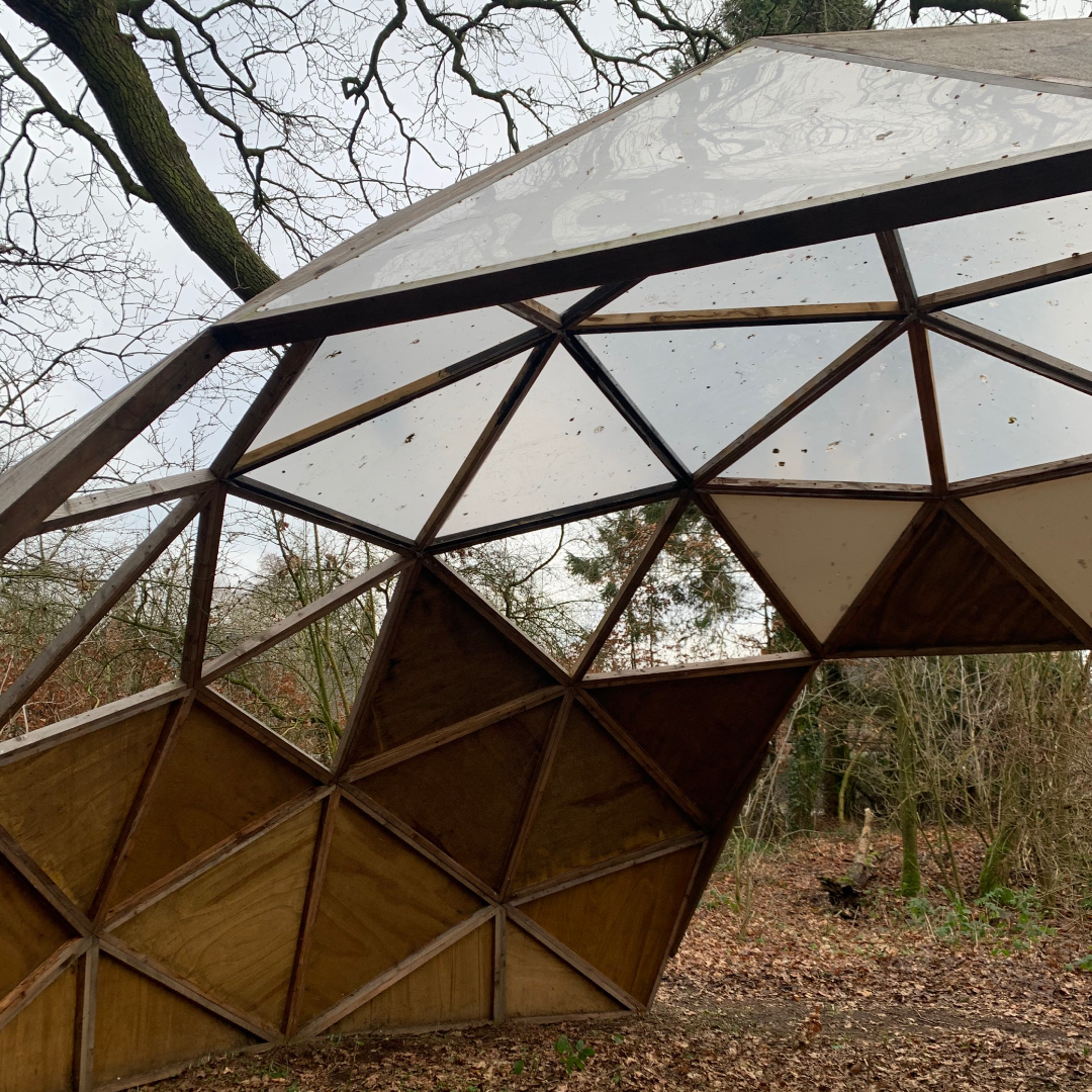 A wooden and glass dome, surrounded by woodland 