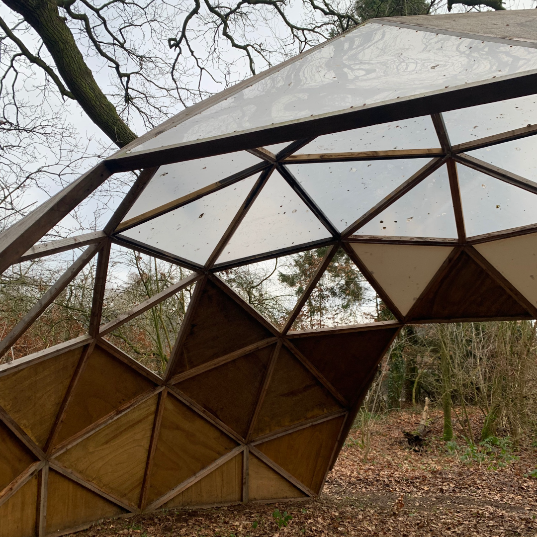 A wooden and glass dome, surrounded by woodland