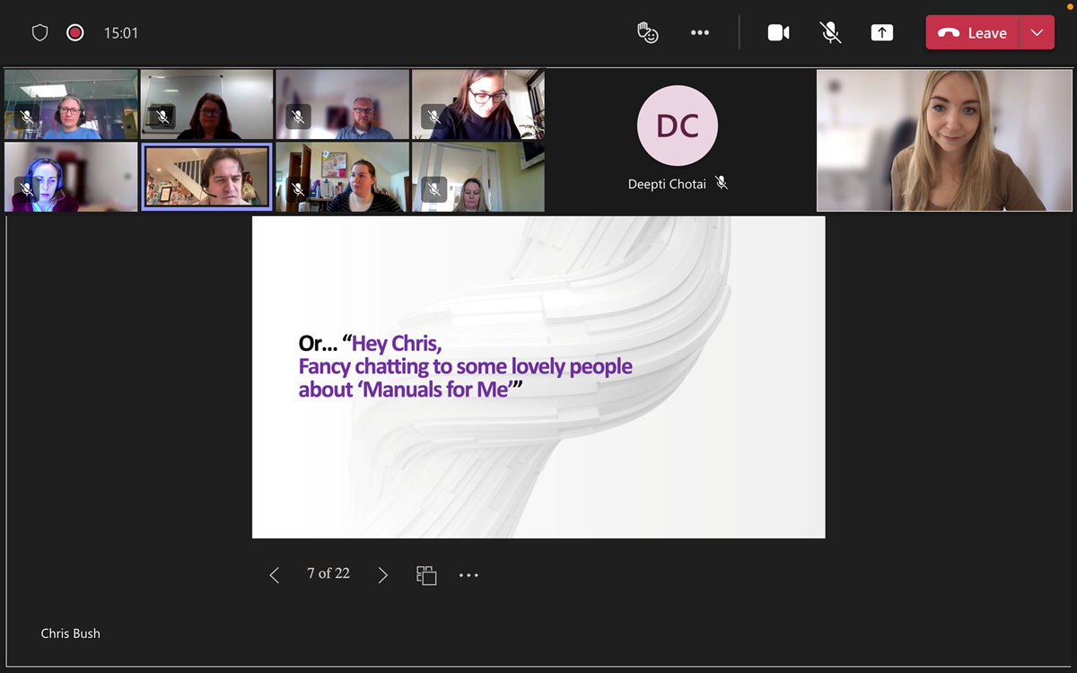 Attendees watch a Manual of Me workshop on Teams