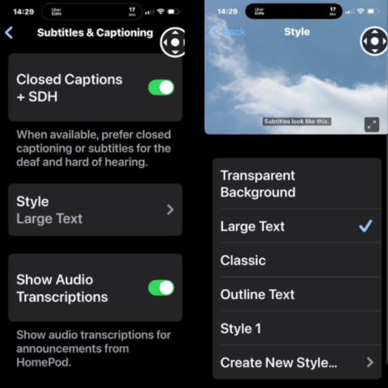 Two screenshots of accessibility settings on an iPhone. The first screenshot shows the “Subtitles & Captioning” menu with options: “Closed Captions + SDH” toggled on, “Style” set to “Large Text,” and “Show Audio Transcriptions” toggled on. The second screenshot shows the “Style” menu with a preview of subtitles over a blue sky background and a list of style options: “Transparent Background,” “Large Text” (selected), “Classic,” “Outline Text,” “Style 1,” and “Create New Style.”