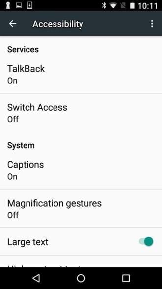 A screenshot of accessibilty options within an android phone.