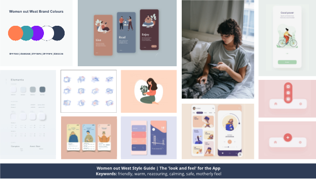 A style guide for the Women out West app, featuring themes and colours