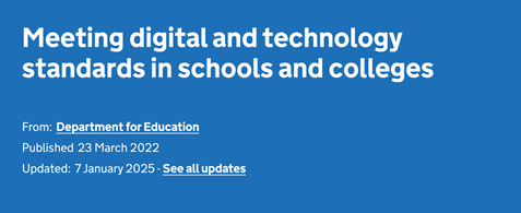 A screenshot of the Department for Education's Digital Standards landing page. Heading reads: Meeting digital and technology standards in schools and colleges
