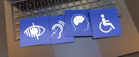 Accessibility symbols refencing visual, auditory, cognitive and motor impairments, lay across a laptop keyboard