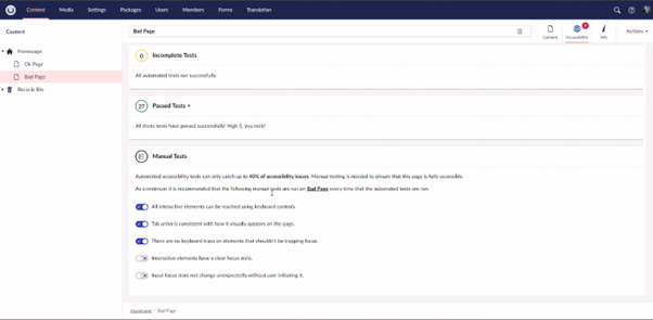 A screengrab of Umbraco's accessibility auditor tool, demonstrating a score following a test. 