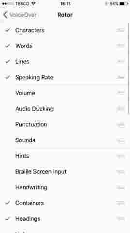 A screenshot of iPhone's VoiceOver Rotor options. 