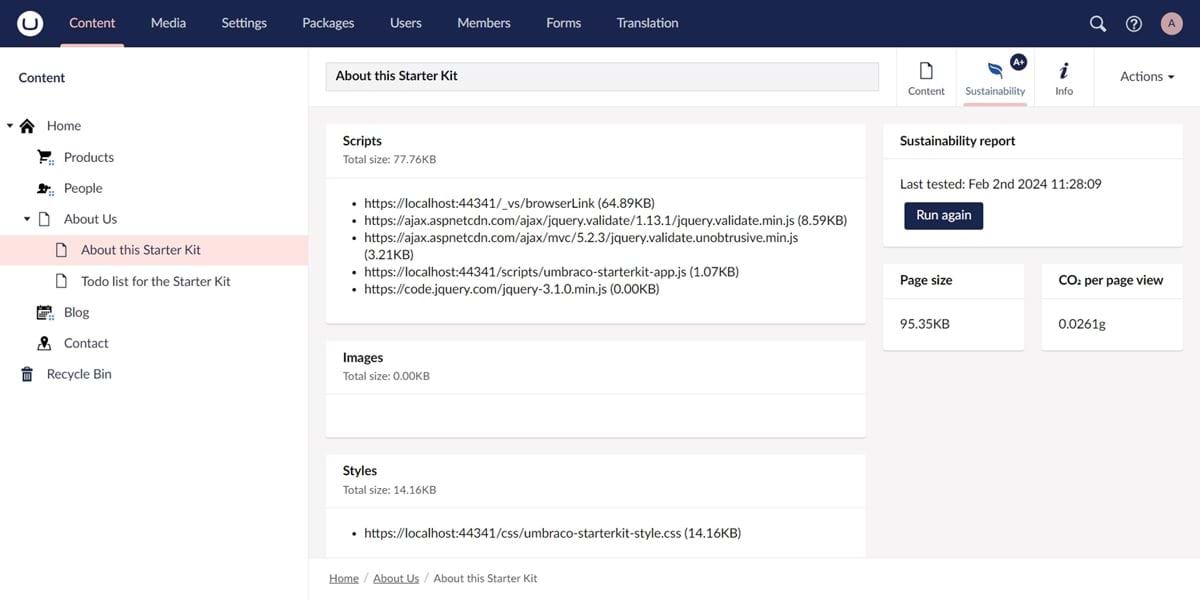 A screenshot of the Umbraco back office where a sustainability tab can be seen, reporting page size and CO2 output per page