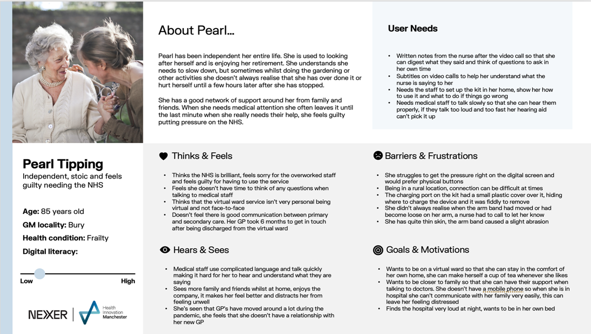 A graphic showing a persona profile for a user called Pearl, including needs, thinks & feels, hears & sees, barriers & frustrations and goals & motivations