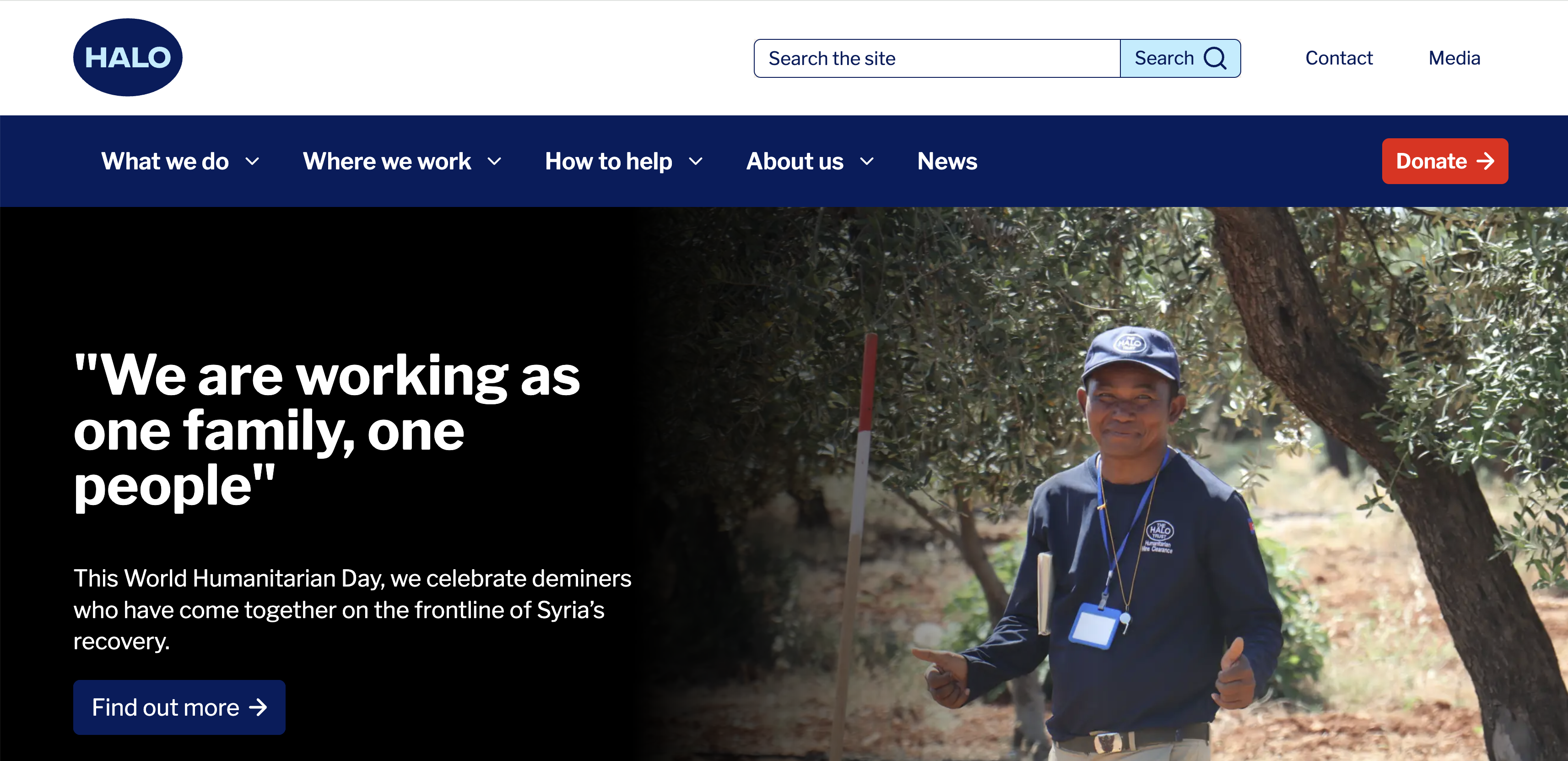 Screenshot of The HALO Trust website homepage showing the main navigation, search bar and donation button. The hero section features a photograph of a HALO humanitarian mine clearance worker standing outdoors beside marked clearance equipment, alongside a campaign message highlighting deminers supporting recovery efforts in Syria. A prominent call-to-action button invites visitors to learn more.