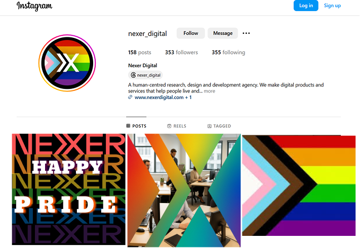 An image of Nexer's Instagram feed, with the top 3 images on the grid overlaid with Amy's initial Pride designs