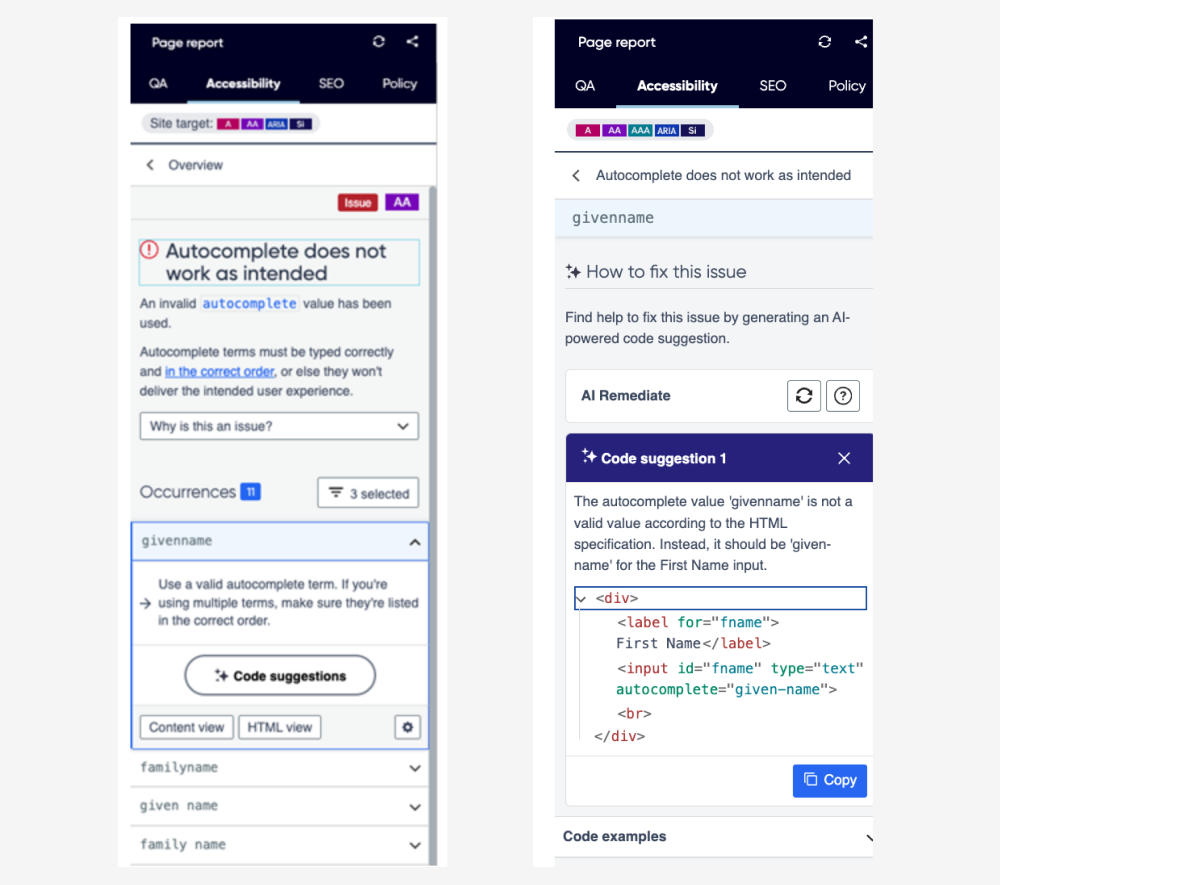 Screengrabs show Siteimproves AI Remediate Tool flagging accessibility issues and offering generic code solutions