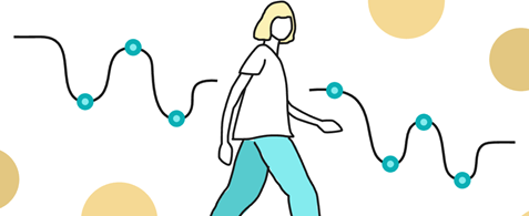 An illustration of a person walking. Behind them a line of connected dots illustrates a user journey
