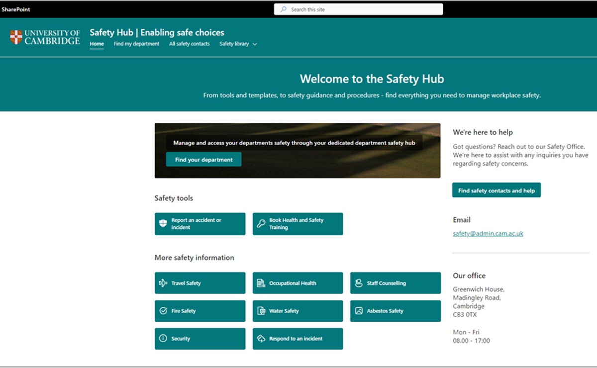 A screenshot of the interface of the University of Cambridge Safety Hub, showing how users can report different kinds of incidents and access safety information.