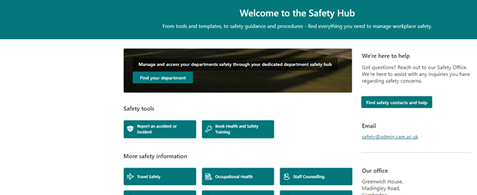A screenshot of the interface of the University of Cambridge Safety Hub, showing how users can report different kinds of incidents and access safety information.