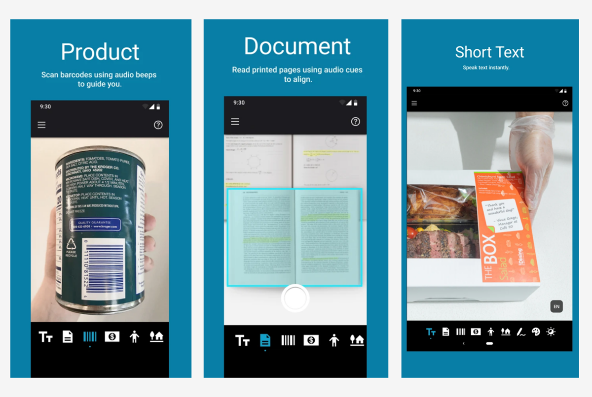 Three screengrabs show use cases for Microsoft's Seeing AI Application, including scanning product barcodes, read printed pages using audio cues to align, and reading short text