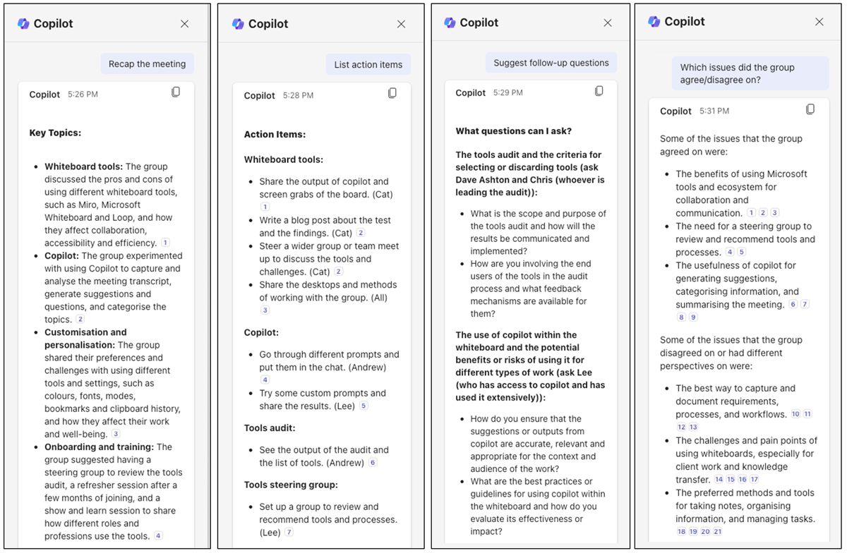 Screenshots show a series of prompts asked of Copilot by the user; Recap the meeting, List action items, Suggest follow-up questions, Which issues did the group agree/disagree on? The responses show Copilot answering each query with a good depth of information
