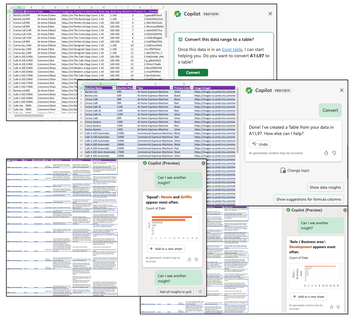 Screenshots show a series of excel sheets, with prompts from the user asking Copilot for insights on the data