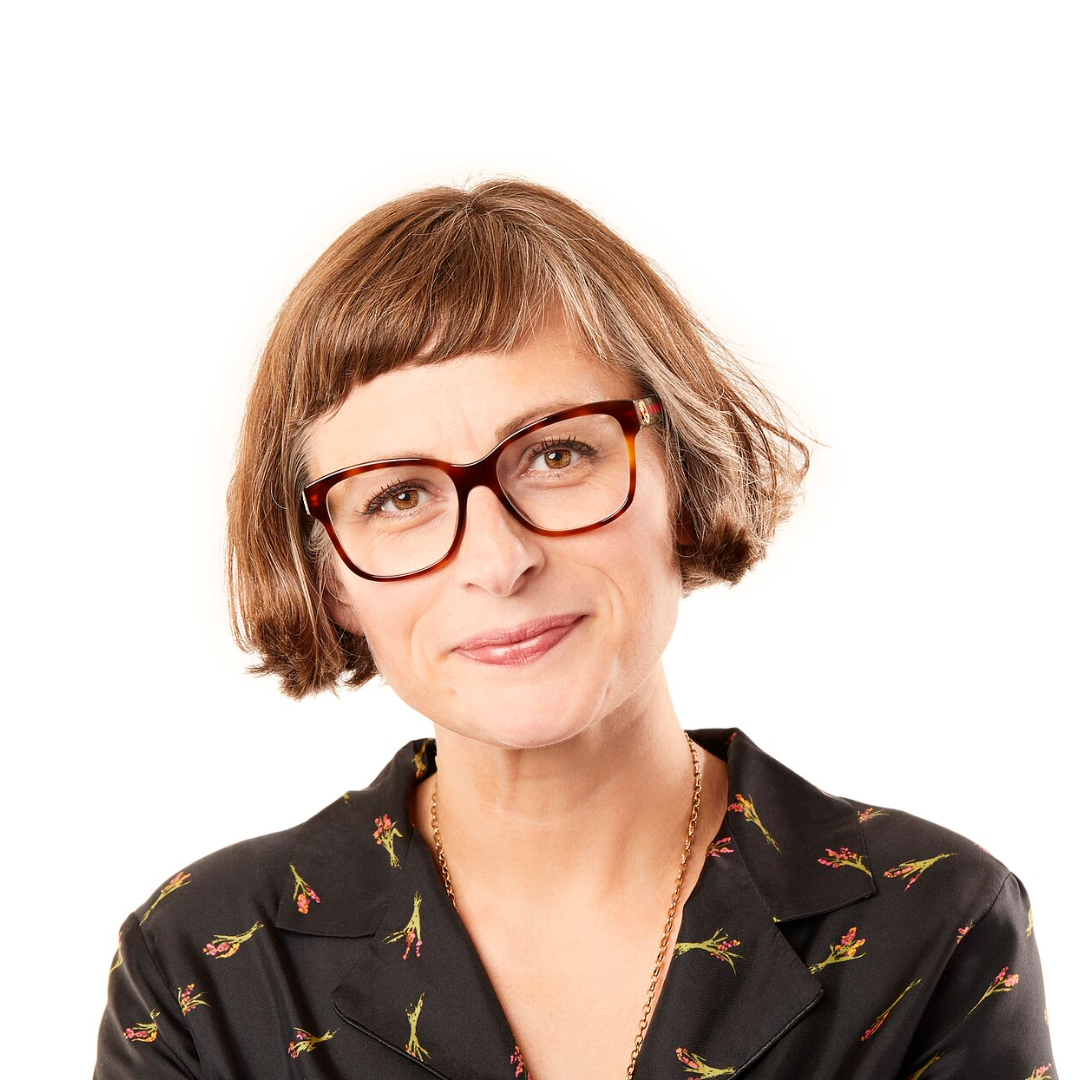 Headshot of Camp Digital speaker Rachel Coldicutt. Rachel has a short blonde and brown bob, brown eyes, and brown glasses