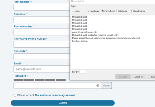 A screenshot showing a form being tested, and returning a result saying the fields are all unlabelled, causing an accessibility barrier 