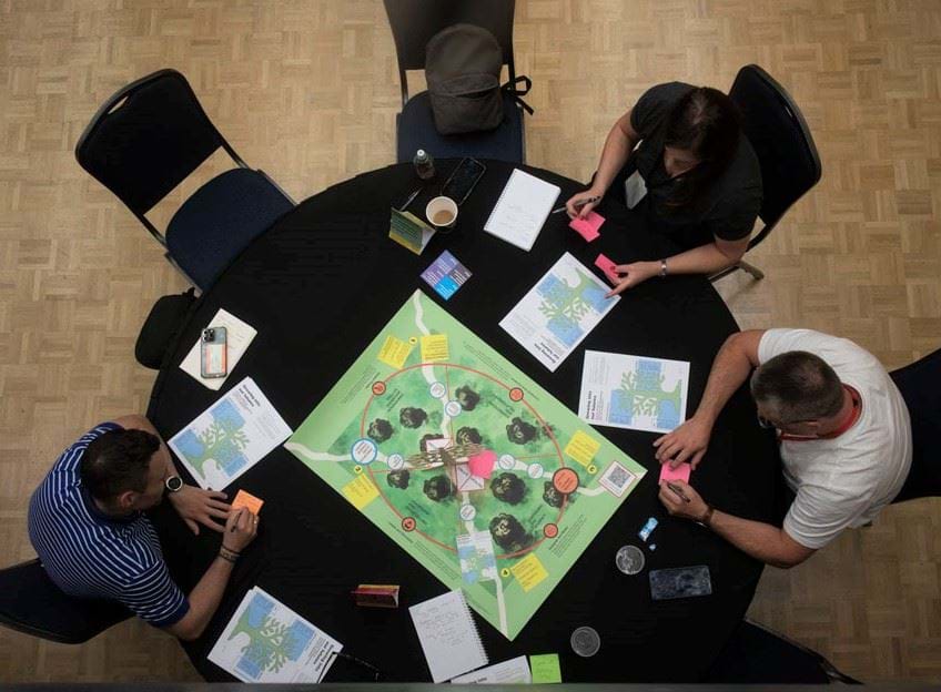 An overhead image of attendees participating in Alastair Somerville's Planet-centred design workshop. They are looking at a green map and printouts covered in trees