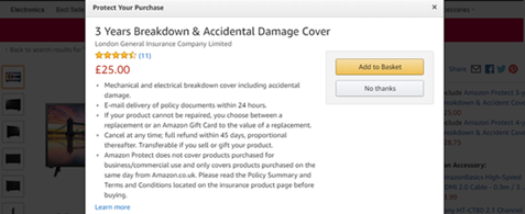 A screenshot of Amazon's checkout process offering breakdown cover