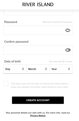 A screenshot of the login screen to River Island customer accounts