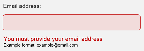 Email address - error message on form. Text typed into the form field Johndoe"hotmail.com. Error text reads "Email must contain an @ symbol"