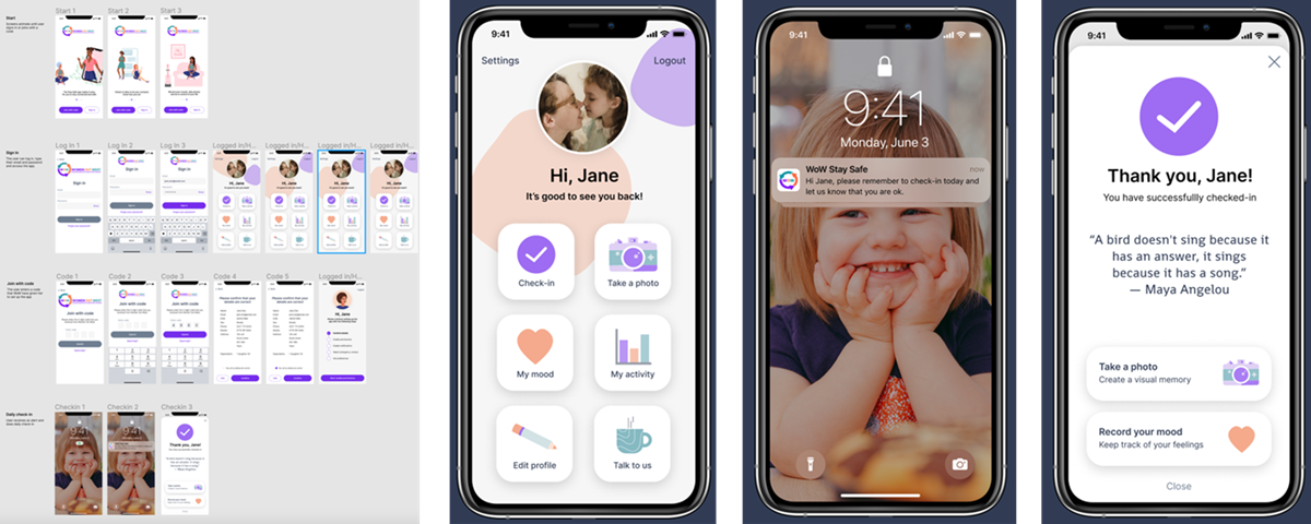 A series of four prototypes for the WOW app