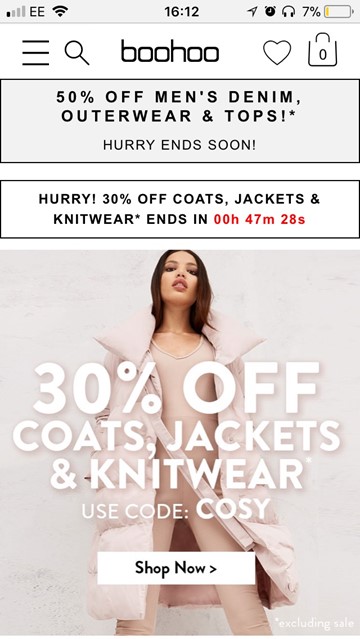 A screenshot of the BooHoo website