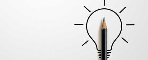 A pencil with a light bulb sketch surrounding it